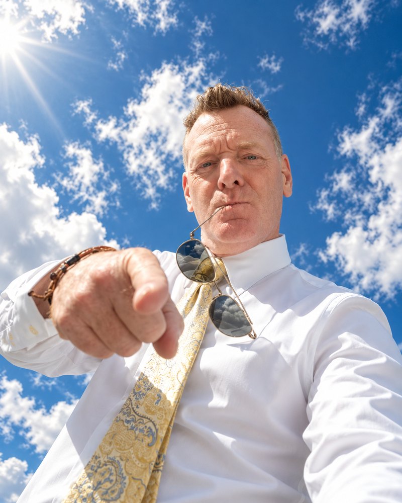 Michael A. Kassing pointing at the camera under a blue sky, sunglasses hanging from his teeth