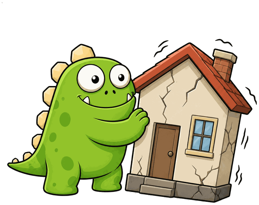 InsuranceMonster mascot bracing a cracked house during an earthquake