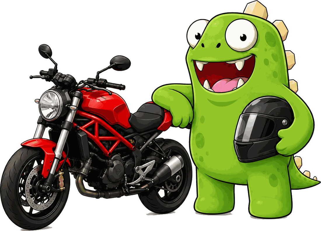 InsuranceMonster mascot standing beside a naked-style motorcycle, holding a helmet