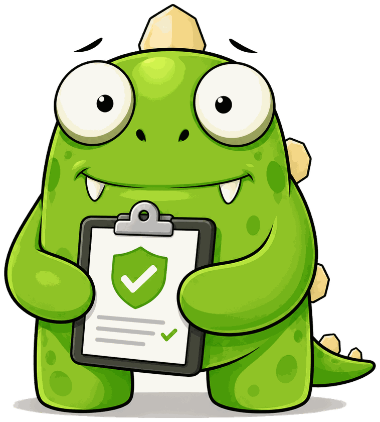 The monster holding a quote clipboard with a shield