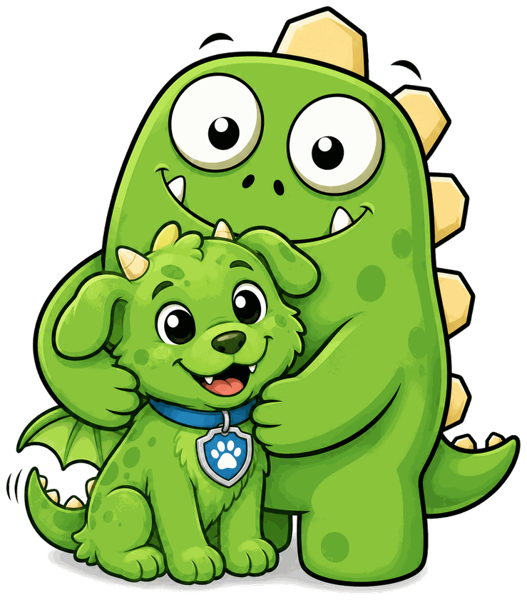 Monster hugging a happy dog