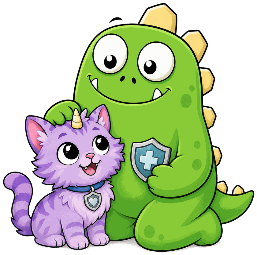 InsuranceMonster mascot beside a cat, holding a medical shield