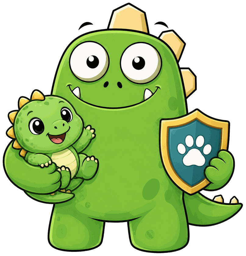 InsuranceMonster mascot holding a young pet and a paw-print shield