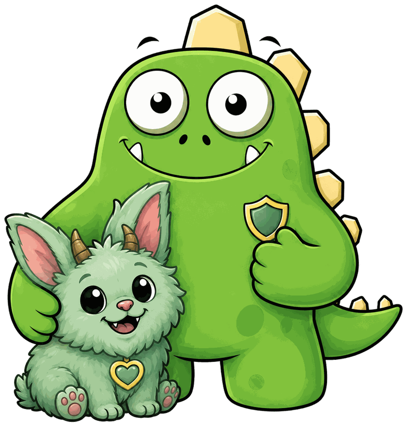 InsuranceMonster mascot with a fluffy pet and a protective shield