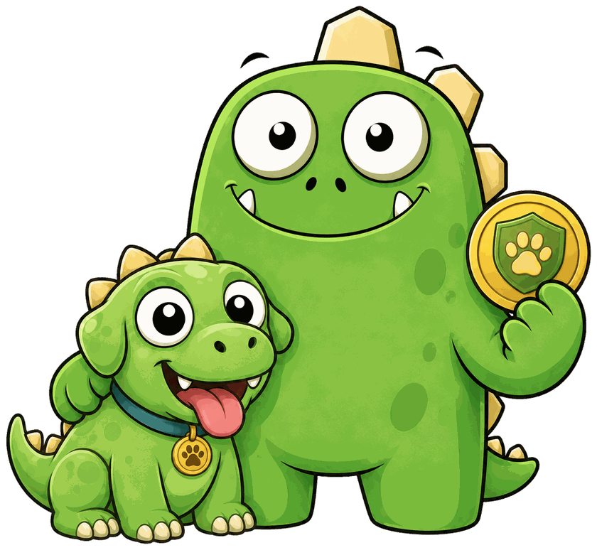 InsuranceMonster mascot with a puppy and a paw-print coin